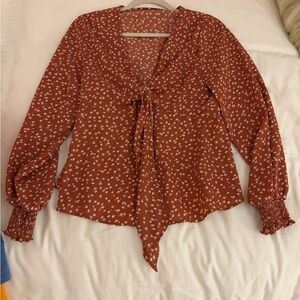 Women's Floral Tie Front Rust Blouse